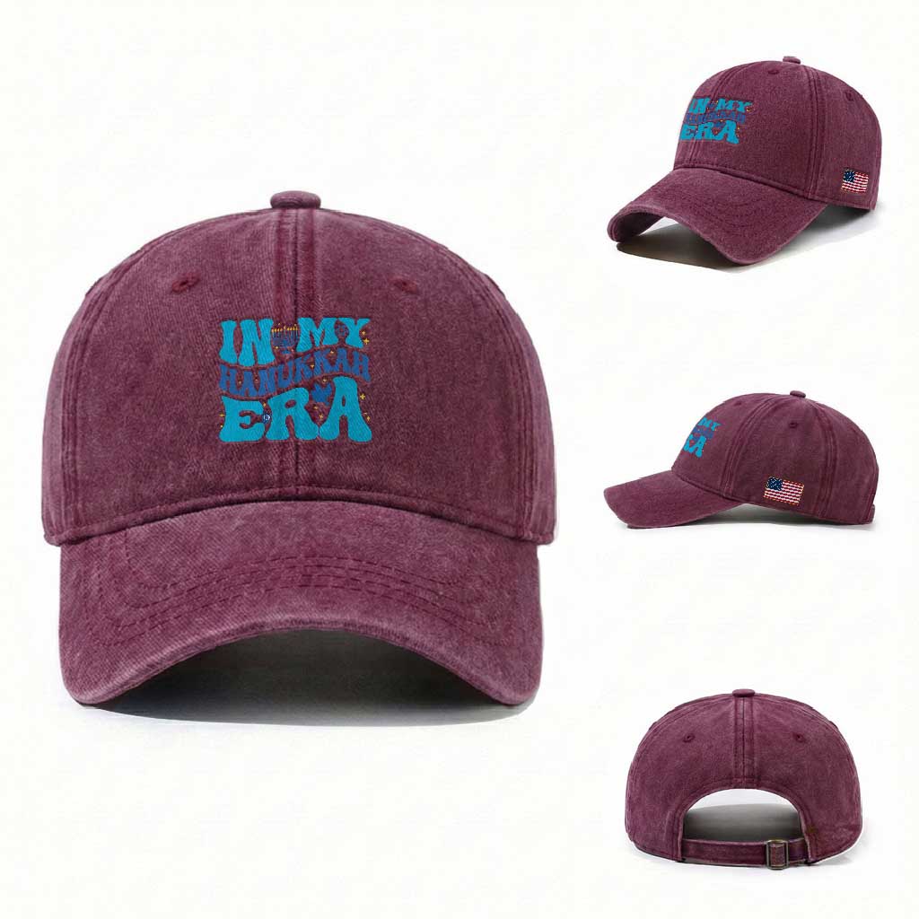 In My Hanukkah Era Washed Cotton Baseball Cap Jewish Holiday Celebration Gift TS12 Washed Cap Universal Fit Burgundy Print Your Wear