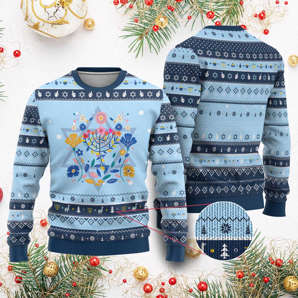 Chanukkah Floral Menorah Hanukkah Ugly Sweater Jewish Gift For Women TS12 Light Blue Navy Print Your Wear