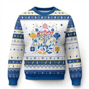 Chanukkah Floral Menorah Hanukkah Ugly Sweater Jewish Gift For Women TS12 White Royal Blue Print Your Wear