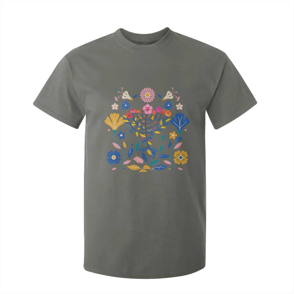 Hanukkah Floral Menorah T Shirt For Kid Jewish Gift For Women TS12 Military Green Print Your Wear
