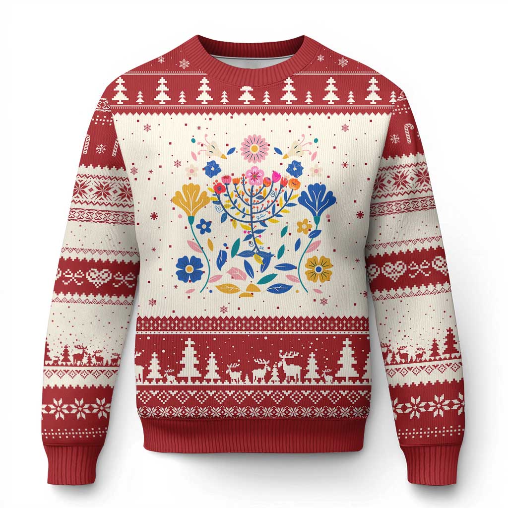 Hanukkah Floral Menorah Ugly Christmas Sweater Jewish Gift For Women TS12 Beige Red Print Your Wear
