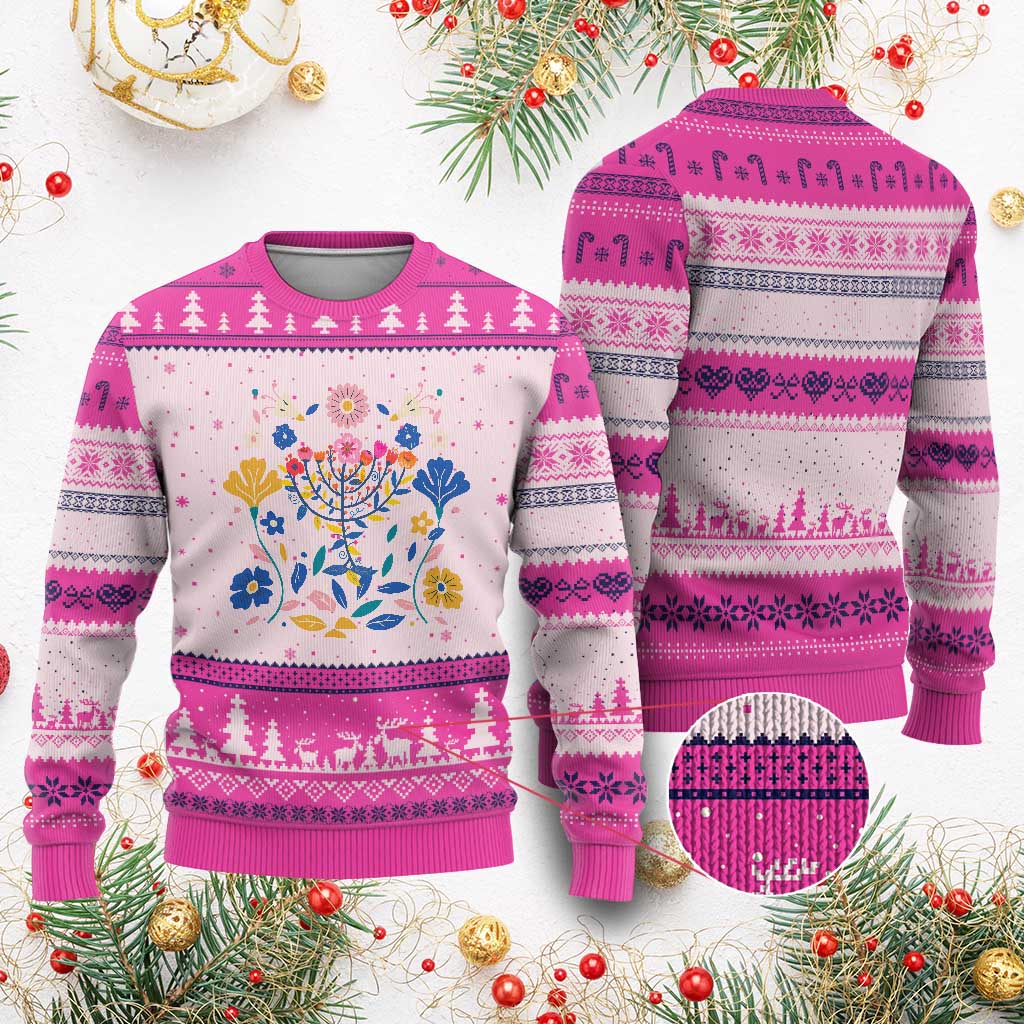 Hanukkah Floral Menorah Ugly Christmas Sweater Jewish Gift For Women TS12 Hot Pink Print Your Wear