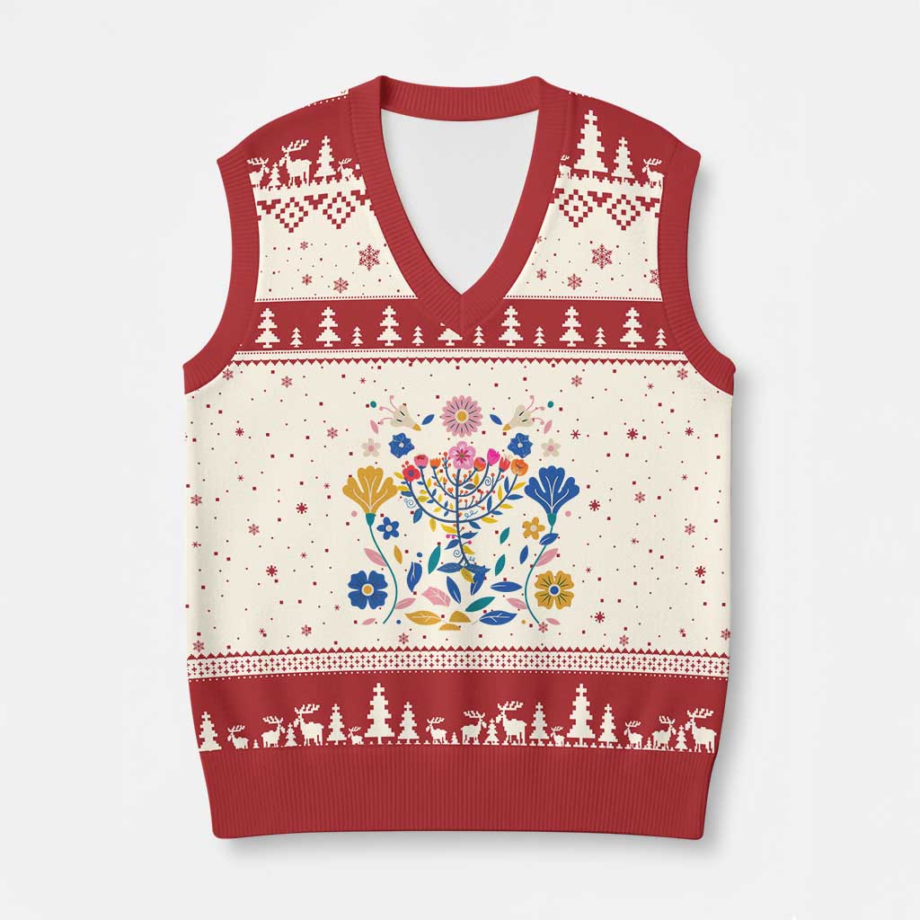 Hanukkah Floral Menorah V-Neck Knit Sweater Vest Jewish Gift For Women TS12 Beige Red Print Your Wear