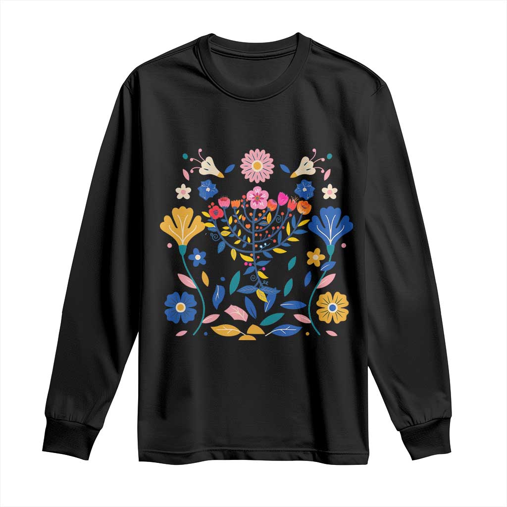Hanukkah Floral Menorah Long Sleeve Shirt Jewish Gift For Women TS12 Black Print Your Wear