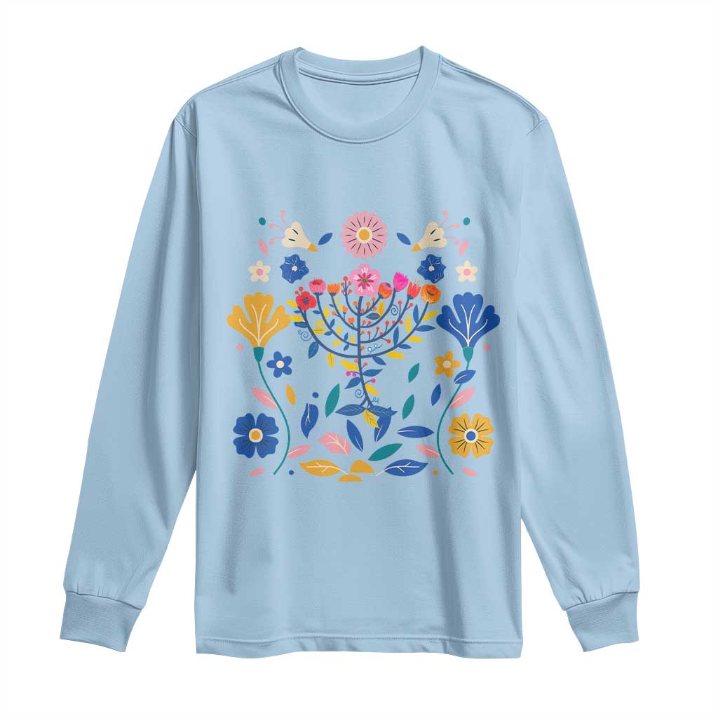 Hanukkah Floral Menorah Long Sleeve Shirt Jewish Gift For Women TS12 Light Blue Print Your Wear