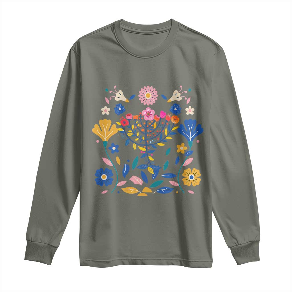 Hanukkah Floral Menorah Long Sleeve Shirt Jewish Gift For Women TS12 Military Green Print Your Wear