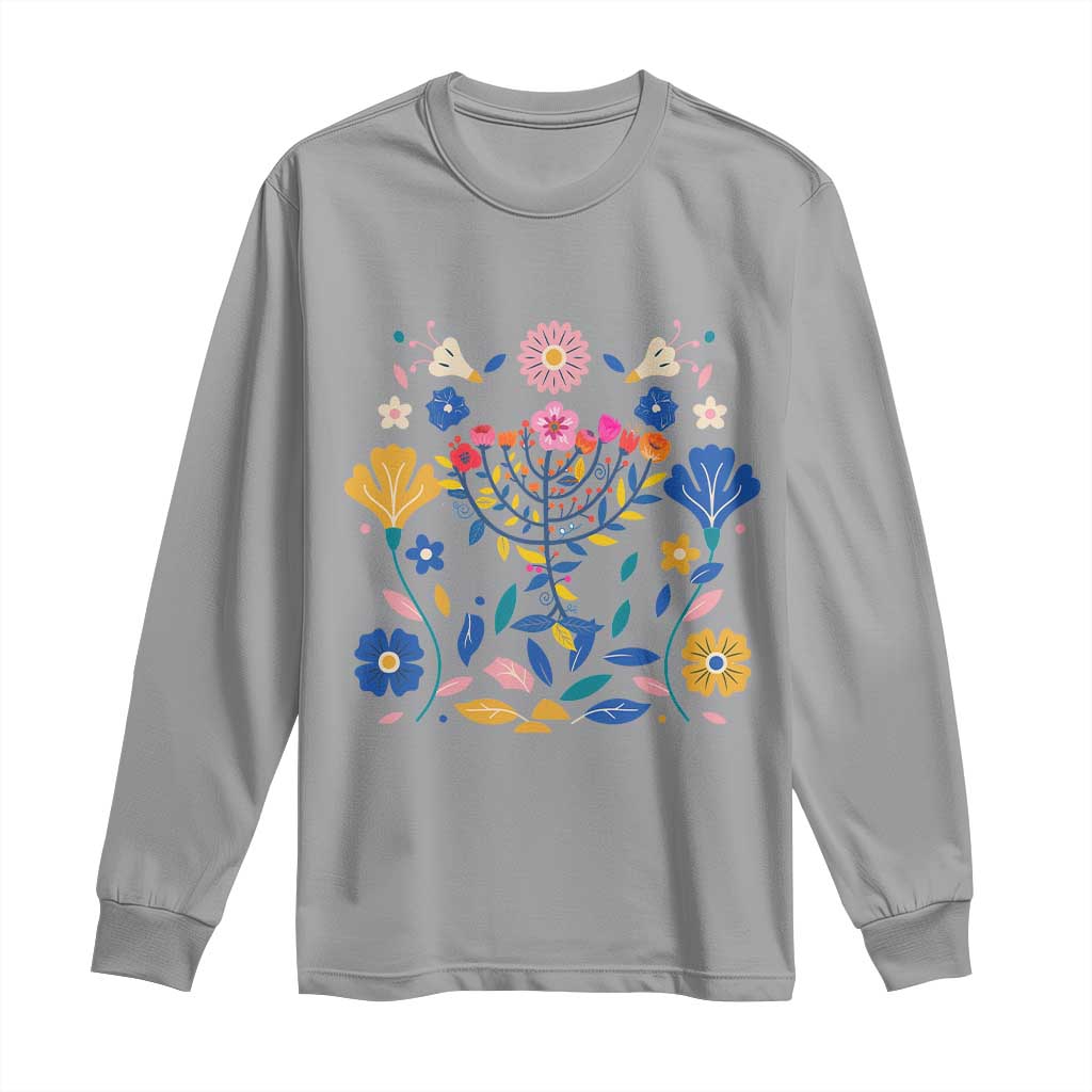 Hanukkah Floral Menorah Long Sleeve Shirt Jewish Gift For Women TS12 Sport Gray Print Your Wear