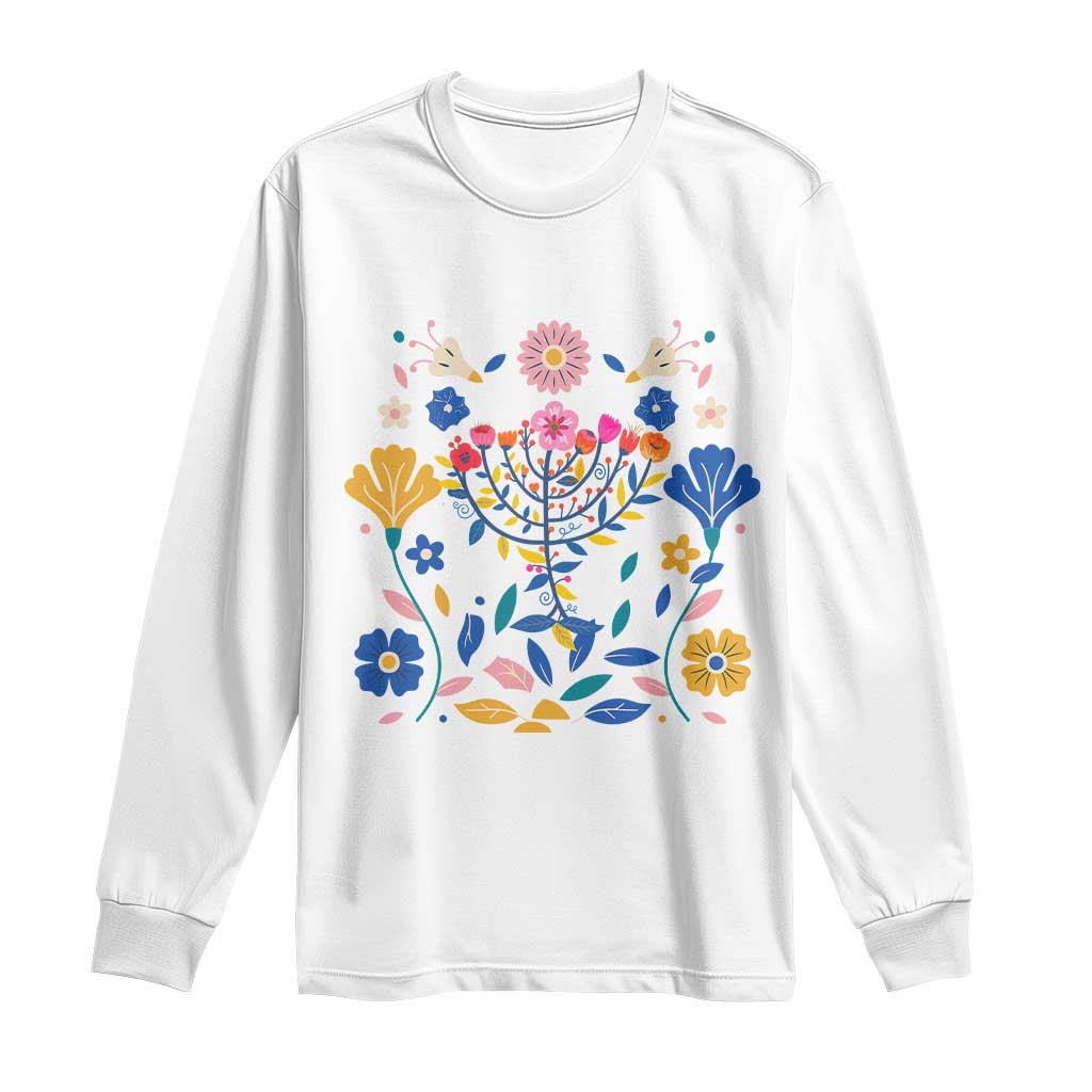 Hanukkah Floral Menorah Long Sleeve Shirt Jewish Gift For Women TS12 White Print Your Wear