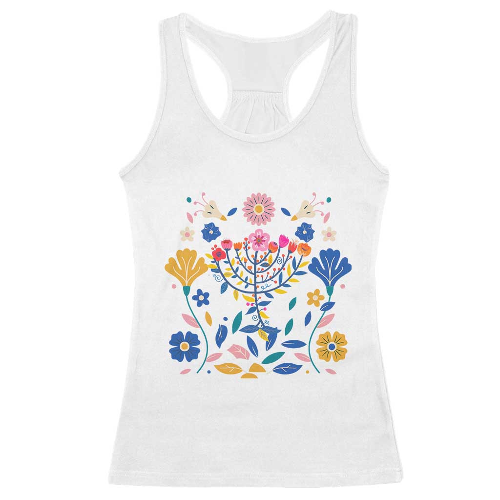 Hanukkah Floral Menorah Racerback Tank Top Jewish Gift For Women TS12 White Print Your Wear