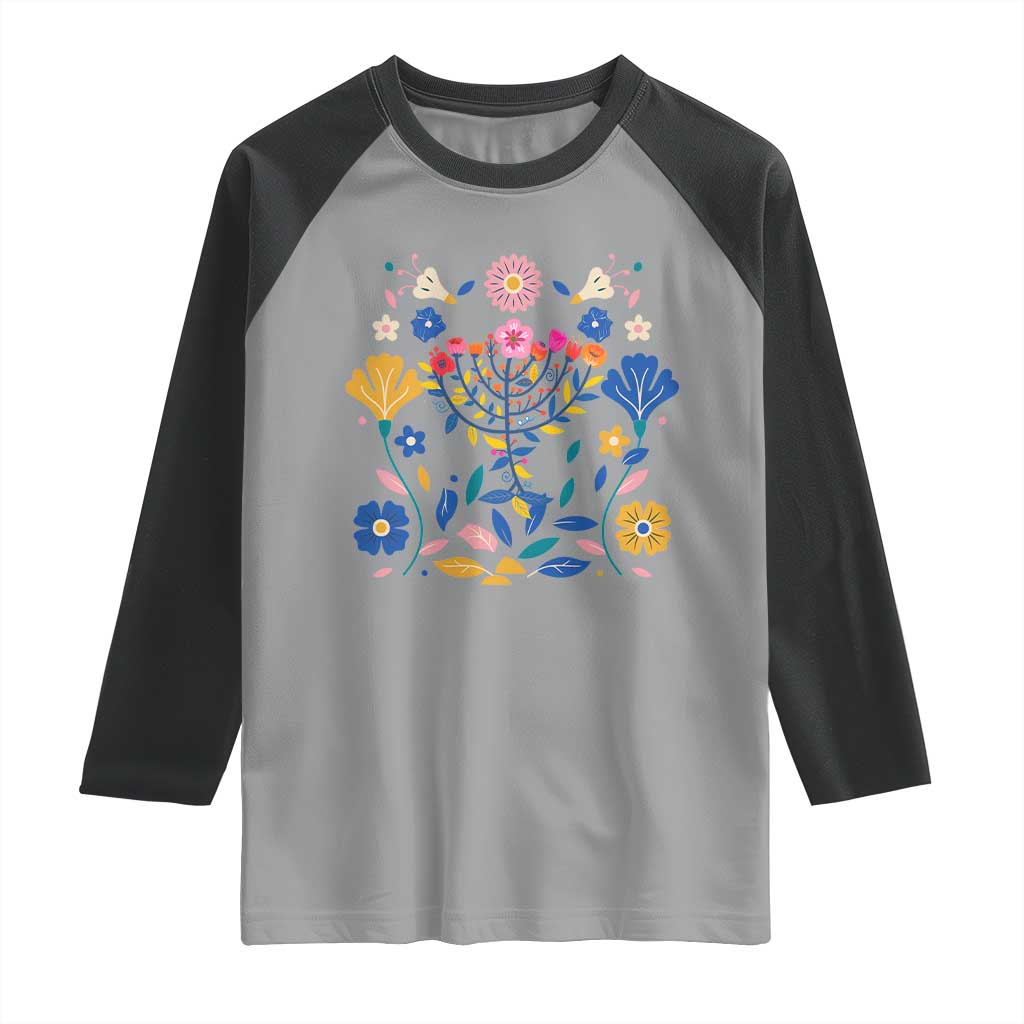 Hanukkah Floral Menorah Raglan Shirt Jewish Gift For Women TS12 Sport Gray Black Print Your Wear