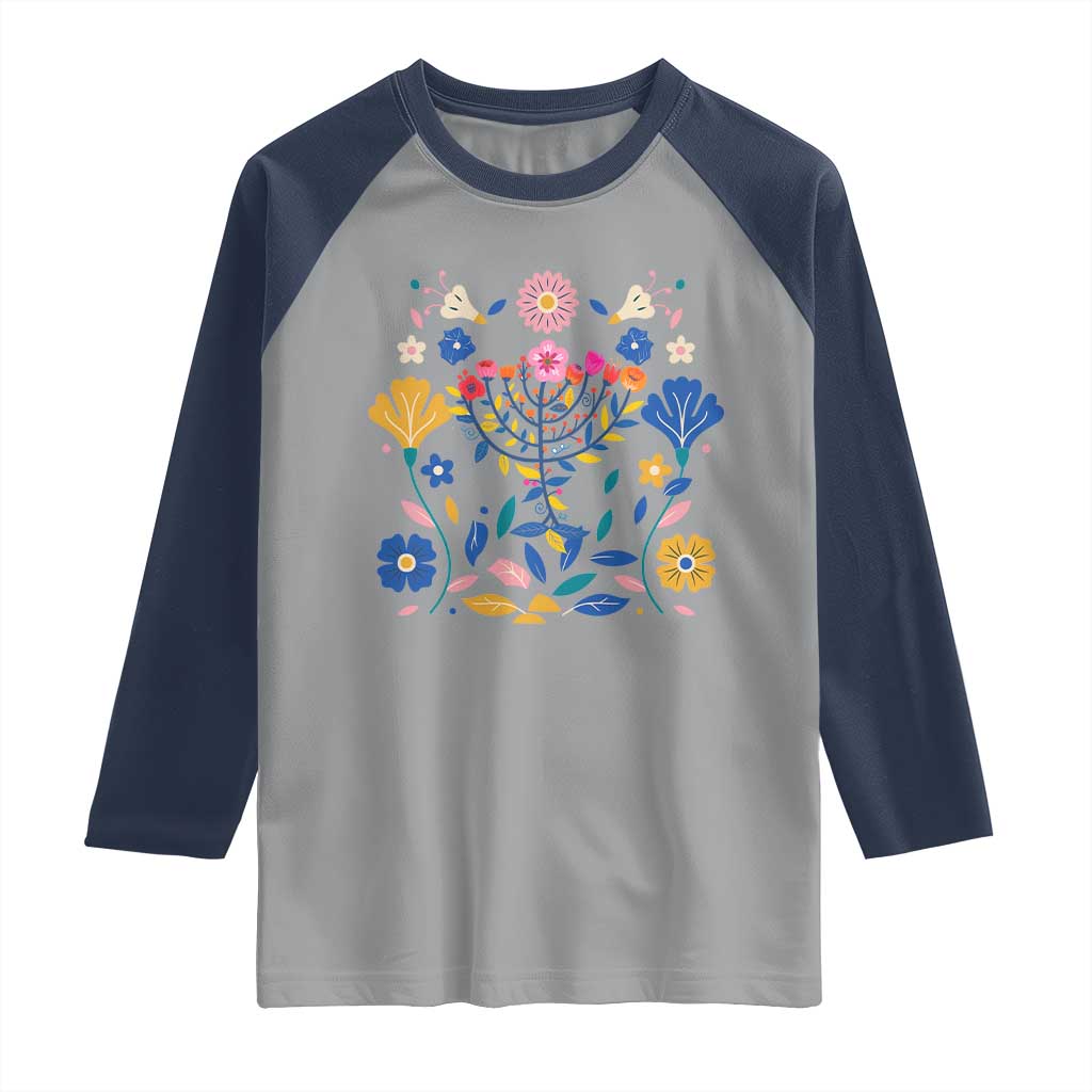 Hanukkah Floral Menorah Raglan Shirt Jewish Gift For Women TS12 Sport Gray Navy Print Your Wear