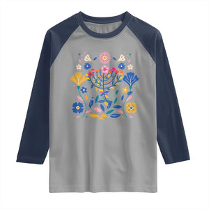 Hanukkah Floral Menorah Raglan Shirt Jewish Gift For Women TS12 Sport Gray Navy Print Your Wear