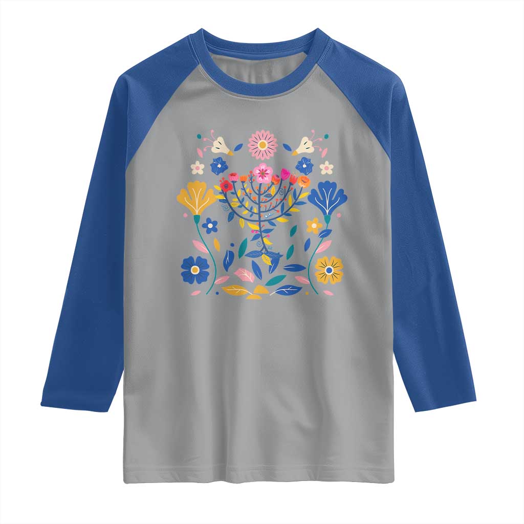 Hanukkah Floral Menorah Raglan Shirt Jewish Gift For Women TS12 Sport Gray Royal Print Your Wear