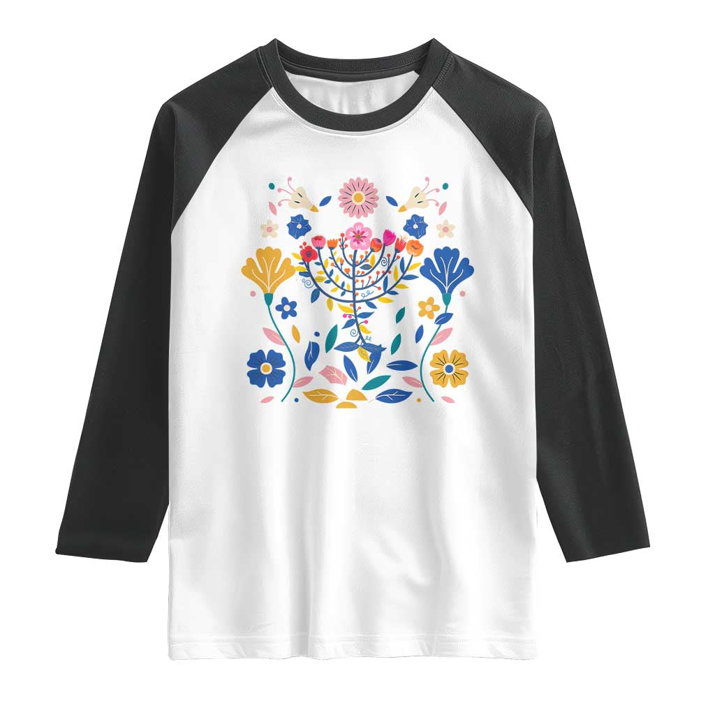 Hanukkah Floral Menorah Raglan Shirt Jewish Gift For Women TS12 White Black Print Your Wear