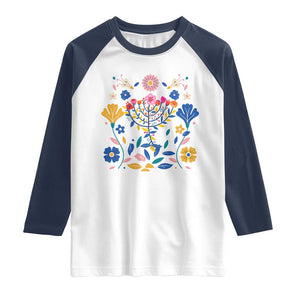 Hanukkah Floral Menorah Raglan Shirt Jewish Gift For Women TS12 White Navy Print Your Wear