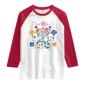 Hanukkah Floral Menorah Raglan Shirt Jewish Gift For Women TS12 White Red Print Your Wear