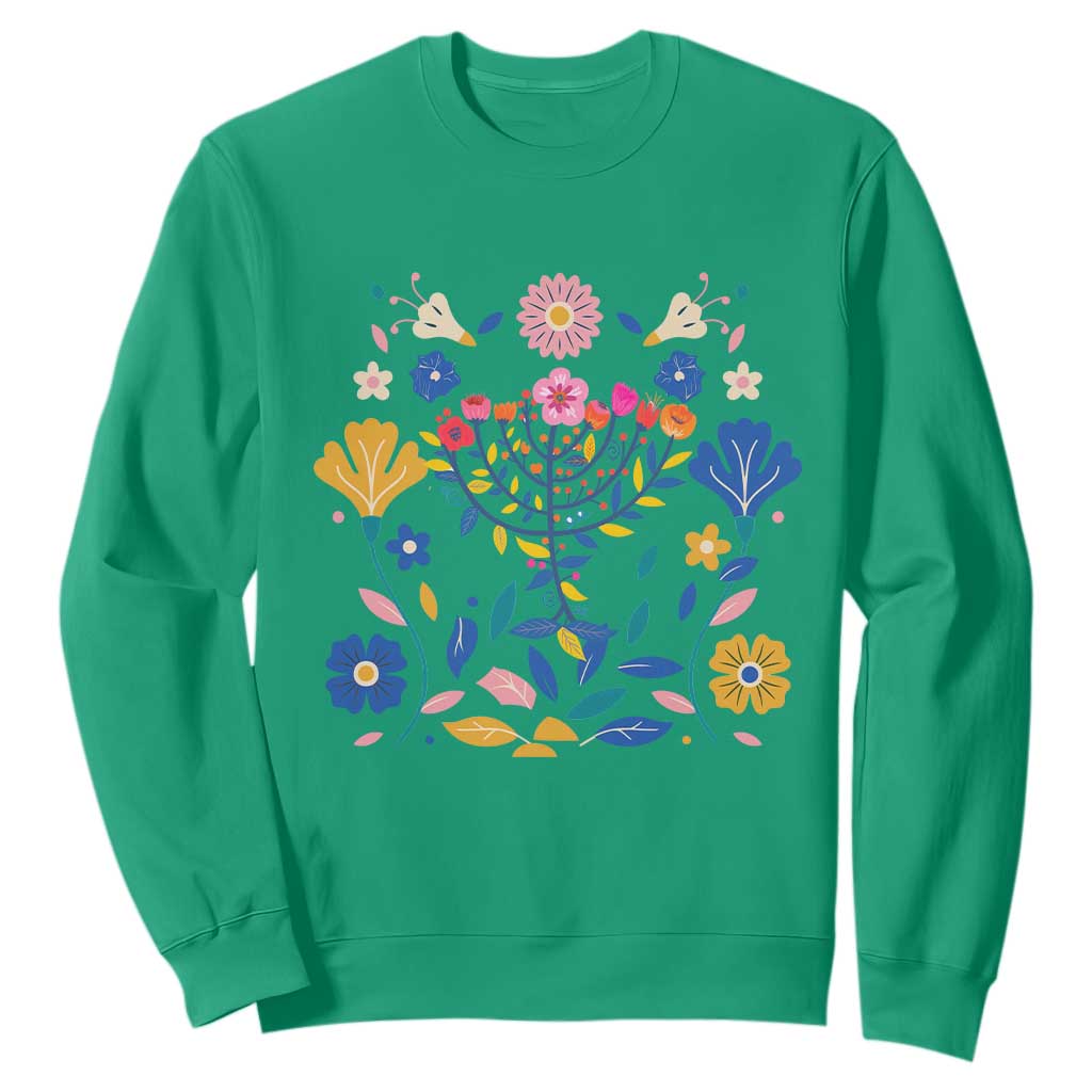 Hanukkah Floral Menorah Sweatshirt Jewish Gift For Women TS12 Irish Green Print Your Wear