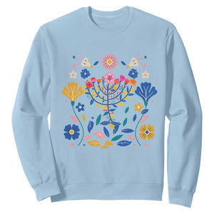 Hanukkah Floral Menorah Sweatshirt Jewish Gift For Women TS12 Light Blue Print Your Wear
