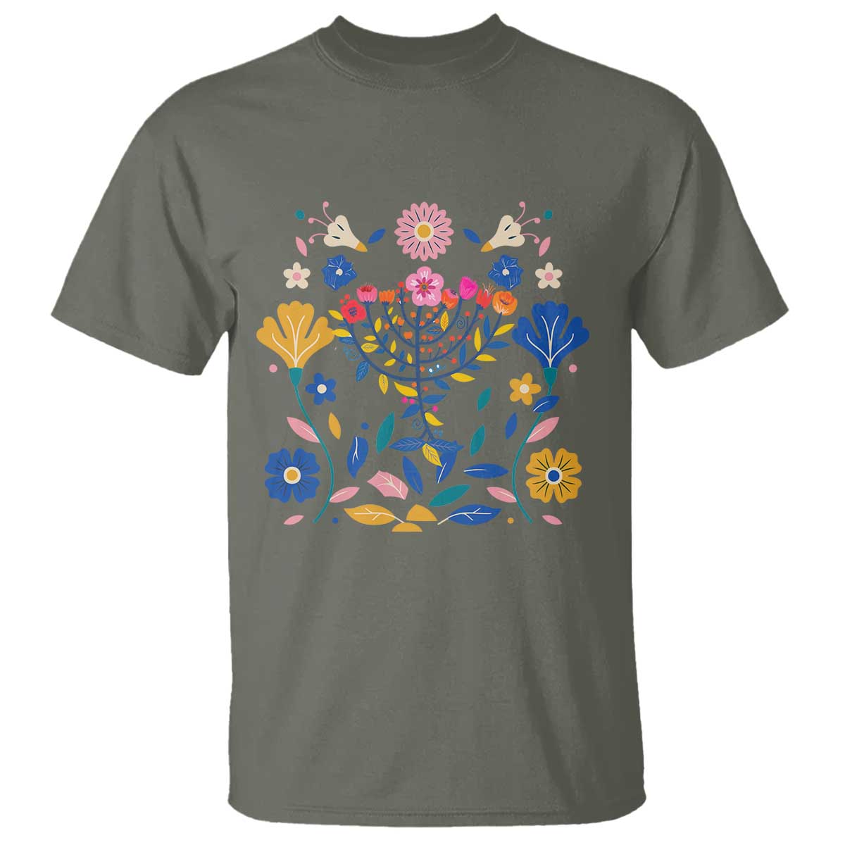 Hanukkah Floral Menorah T Shirt Jewish Gift For Women TS12 Military Green Print Your Wear