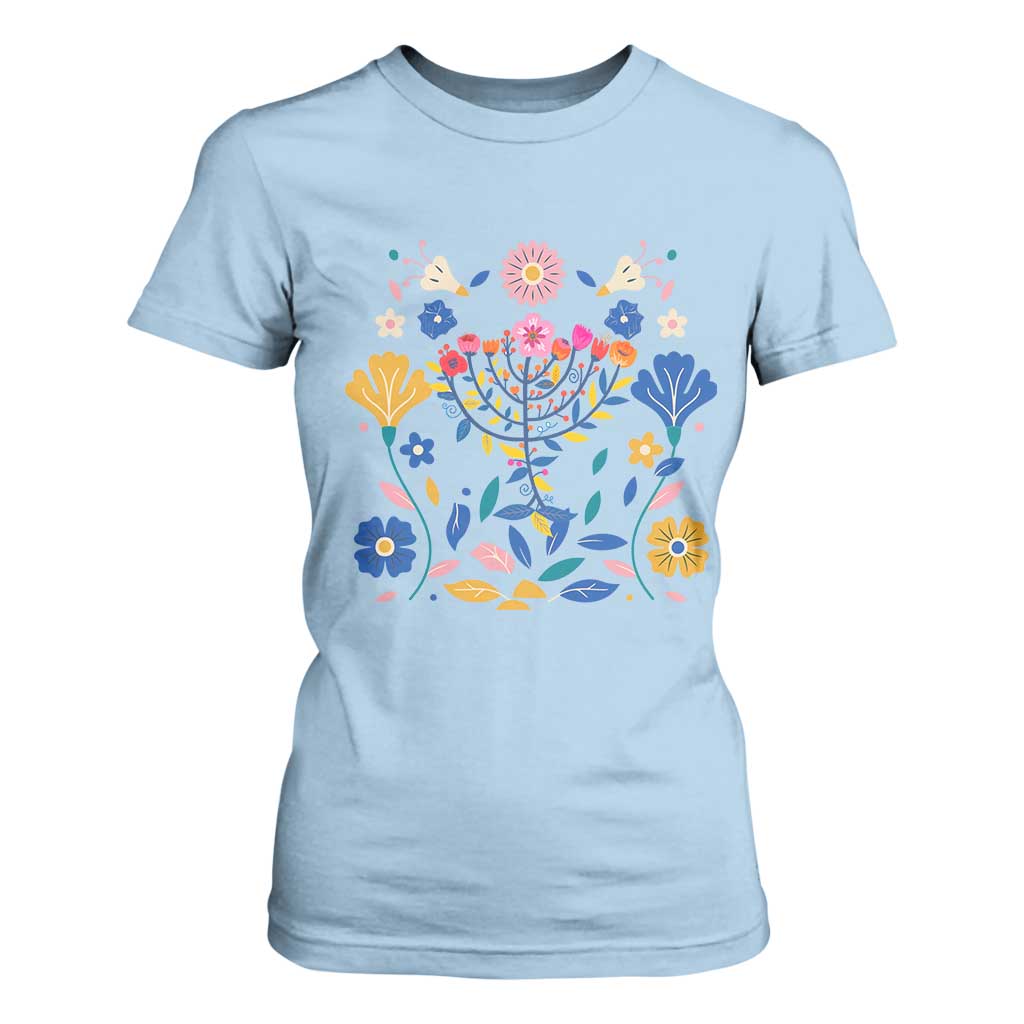Hanukkah Floral Menorah T Shirt For Women Jewish Gift For Women TS12 Light Blue Print Your Wear