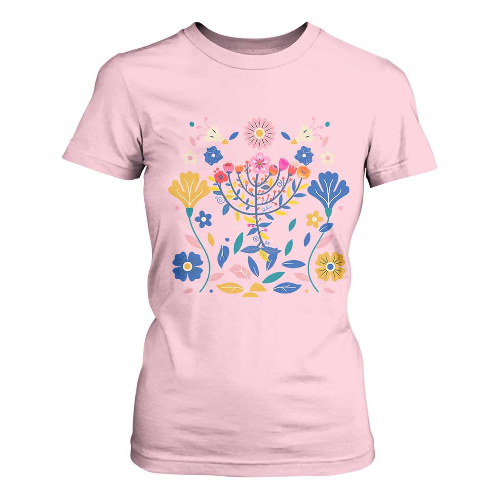 Hanukkah Floral Menorah T Shirt For Women Jewish Gift For Women TS12 Light Pink Print Your Wear