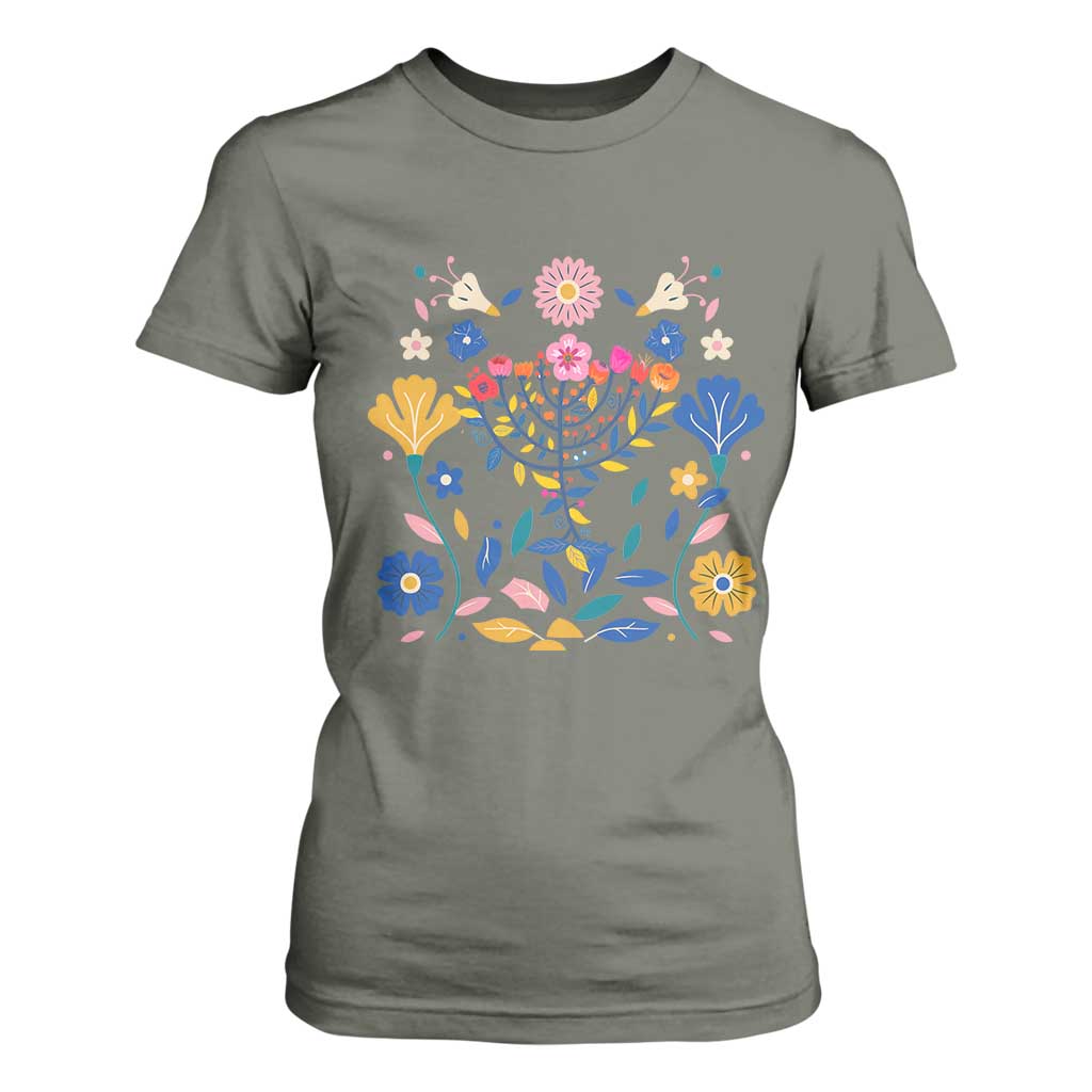 Hanukkah Floral Menorah T Shirt For Women Jewish Gift For Women TS12 Military Green Print Your Wear