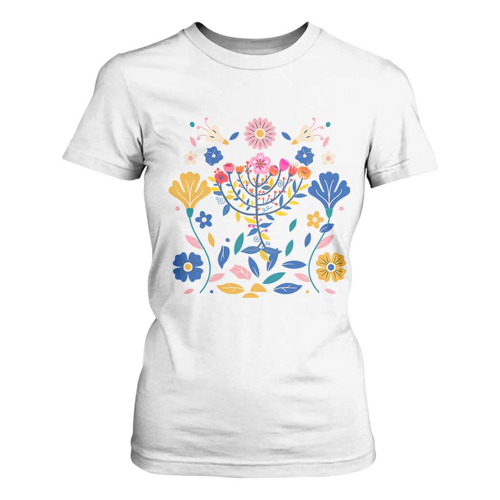 Hanukkah Floral Menorah T Shirt For Women Jewish Gift For Women TS12 White Print Your Wear