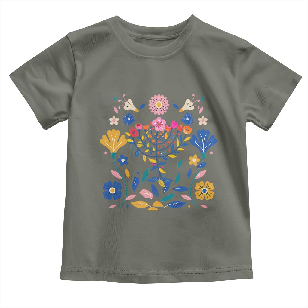 Hanukkah Floral Menorah Toddler T Shirt Jewish Gift For Women TS12 Military Green Print Your Wear