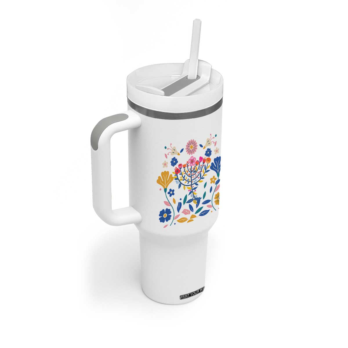 Hanukkah Floral Menorah Tumbler With Handle Jewish Gift For Women TS12 Print Your Wear