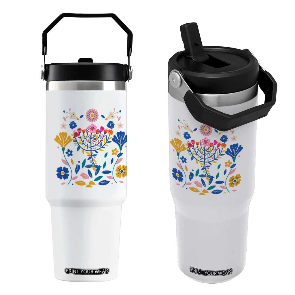 Hanukkah Floral Menorah Flip Straw Tumbler Jewish Gift For Women TS12 One Size: 30 oz White Print Your Wear