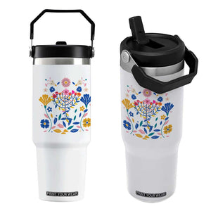 Hanukkah Floral Menorah Flip Straw Tumbler Jewish Gift For Women TS12 One Size: 30 oz White Print Your Wear