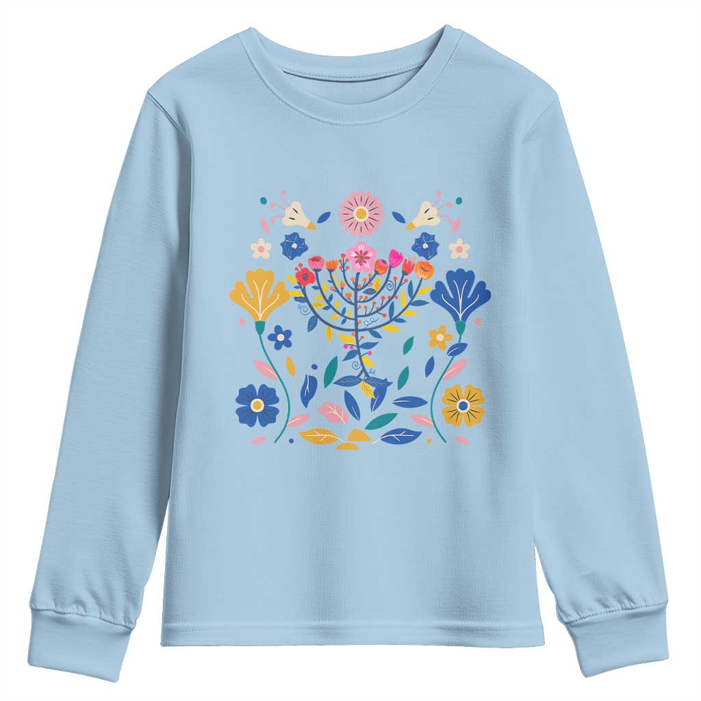 Hanukkah Floral Menorah Youth Sweatshirt Jewish Gift For Women TS12 Light Blue Print Your Wear