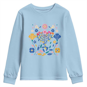 Hanukkah Floral Menorah Youth Sweatshirt Jewish Gift For Women TS12 Light Blue Print Your Wear