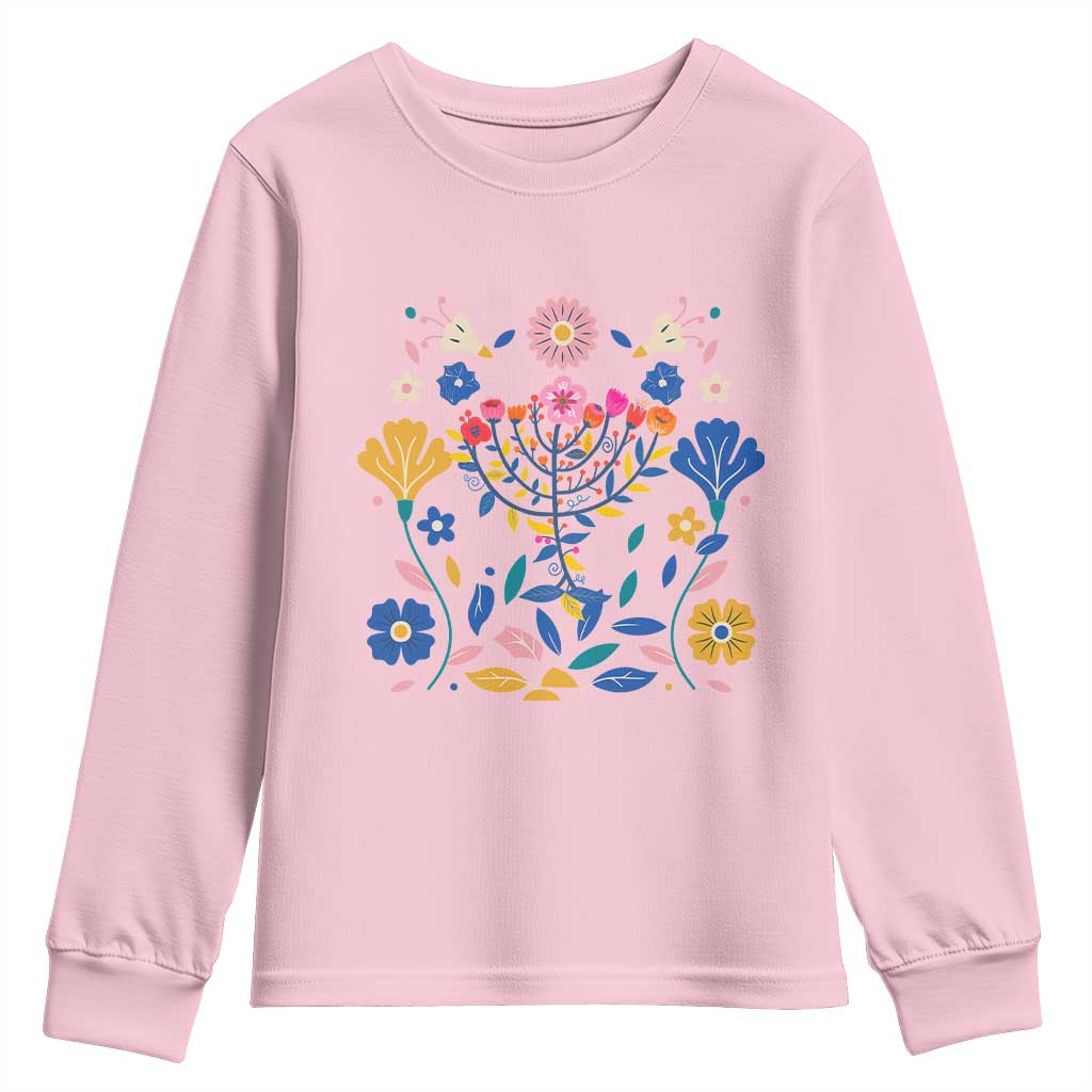 Hanukkah Floral Menorah Youth Sweatshirt Jewish Gift For Women TS12 Light Pink Print Your Wear