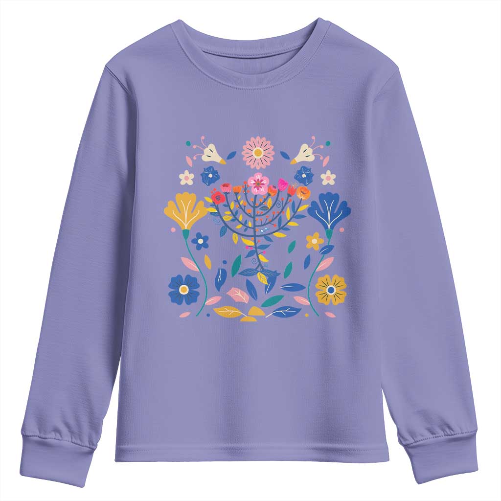 Hanukkah Floral Menorah Youth Sweatshirt Jewish Gift For Women TS12 Violet Print Your Wear