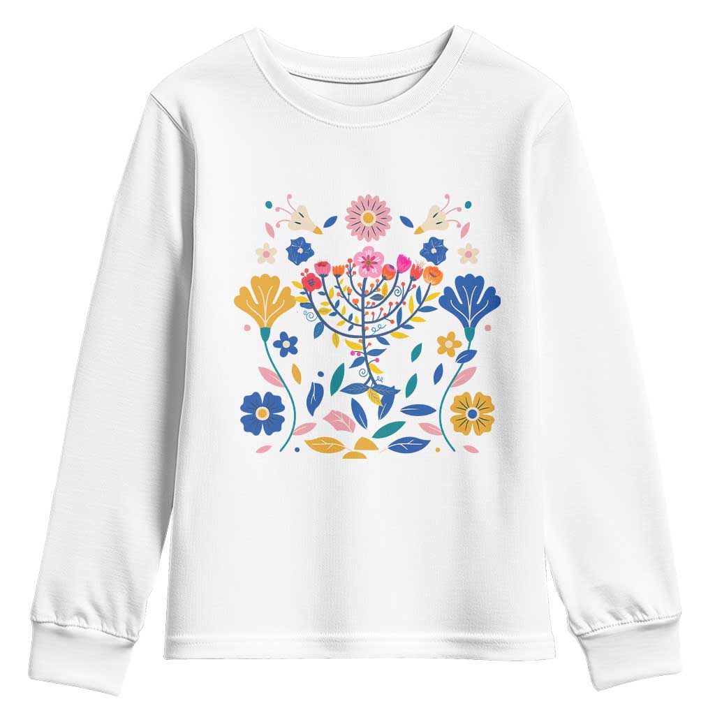 Hanukkah Floral Menorah Youth Sweatshirt Jewish Gift For Women TS12 White Print Your Wear