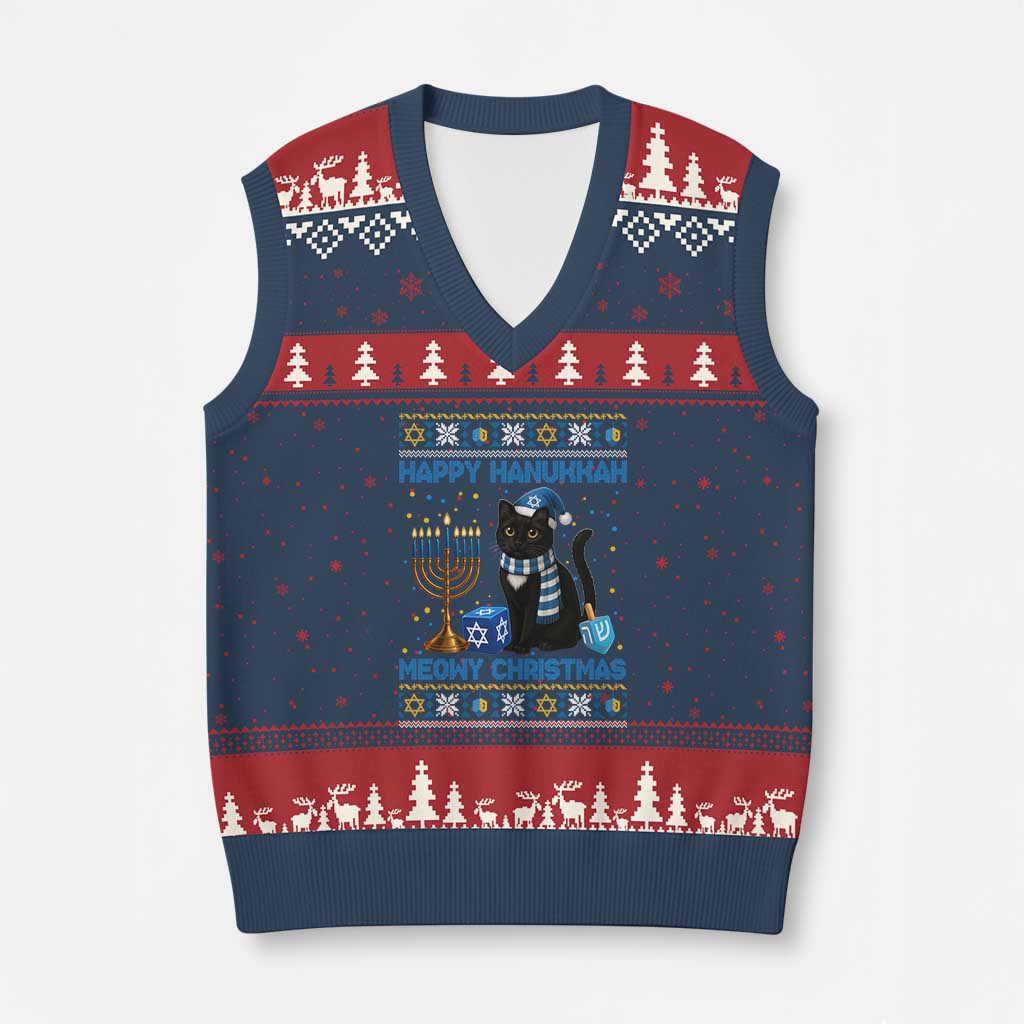 Hanukkah Cat Lover Gifts V-Neck Knit Sweater Vest Happy Hanukkah Meowy Xmas TS12 Navy Red Print Your Wear