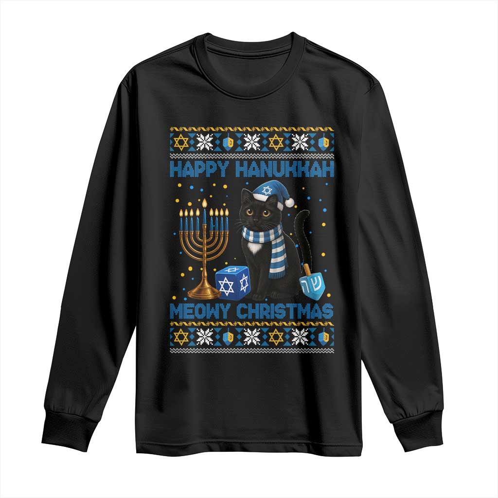 Hanukkah Cat Lover Gifts Long Sleeve Shirt Happy Hanukkah Meowy Christmas TS12 Black Print Your Wear