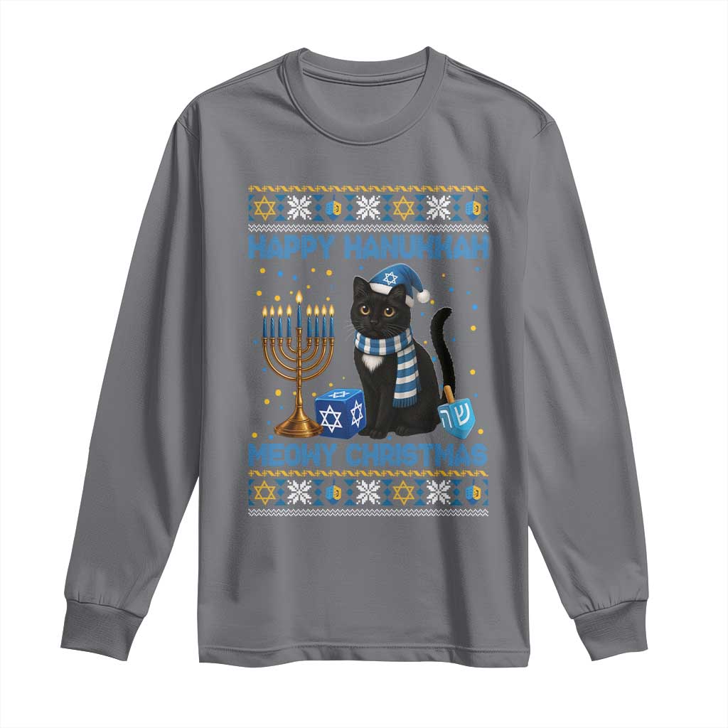 Hanukkah Cat Lover Gifts Long Sleeve Shirt Happy Hanukkah Meowy Christmas TS12 Charcoal Print Your Wear