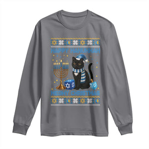 Hanukkah Cat Lover Gifts Long Sleeve Shirt Happy Hanukkah Meowy Christmas TS12 Charcoal Print Your Wear