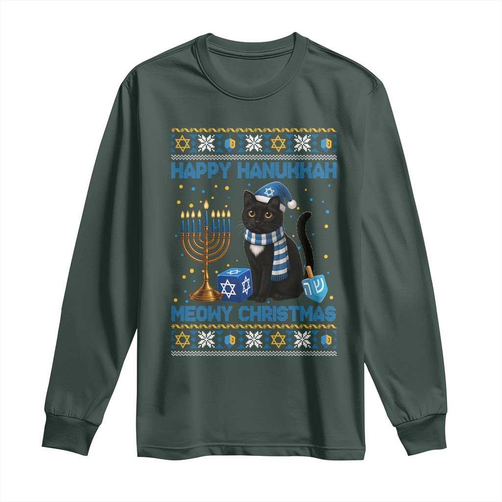 Hanukkah Cat Lover Gifts Long Sleeve Shirt Happy Hanukkah Meowy Christmas TS12 Dark Forest Green Print Your Wear