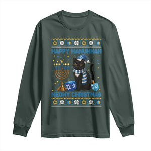 Hanukkah Cat Lover Gifts Long Sleeve Shirt Happy Hanukkah Meowy Christmas TS12 Dark Forest Green Print Your Wear