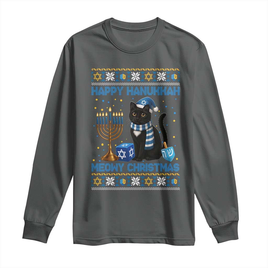 Hanukkah Cat Lover Gifts Long Sleeve Shirt Happy Hanukkah Meowy Christmas TS12 Dark Heather Print Your Wear