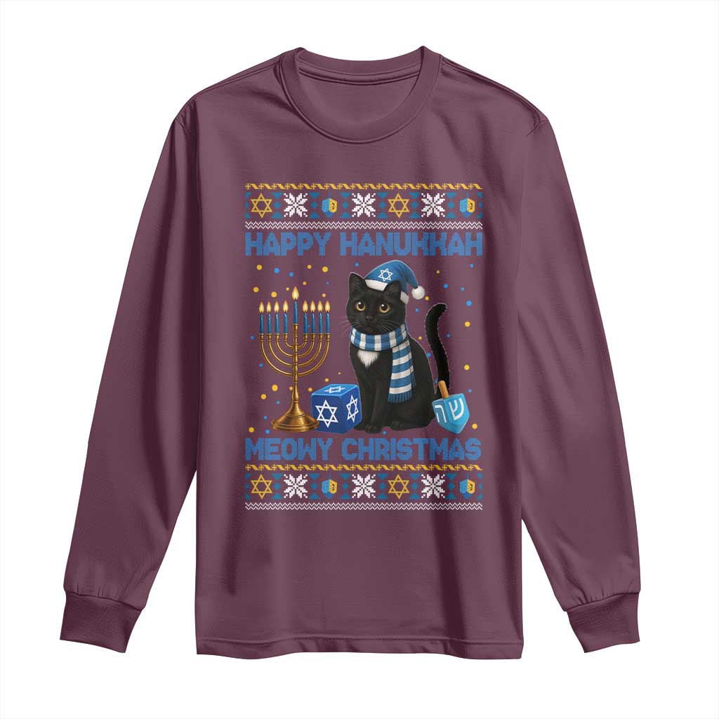 Hanukkah Cat Lover Gifts Long Sleeve Shirt Happy Hanukkah Meowy Christmas TS12 Maroon Print Your Wear