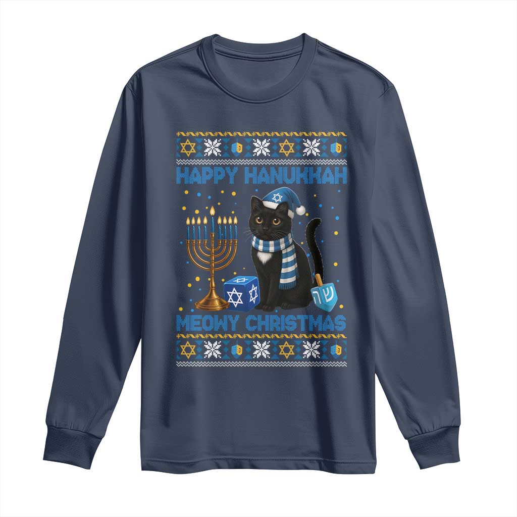 Hanukkah Cat Lover Gifts Long Sleeve Shirt Happy Hanukkah Meowy Christmas TS12 Navy Print Your Wear