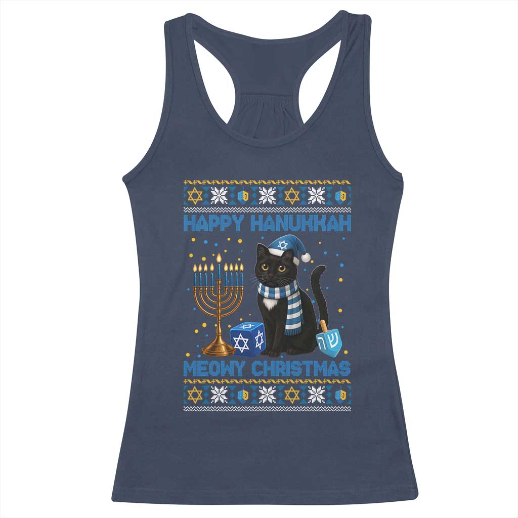 Hanukkah Cat Lover Gifts Racerback Tank Top Happy Hanukkah Meowy Christmas TS12 Navy Print Your Wear