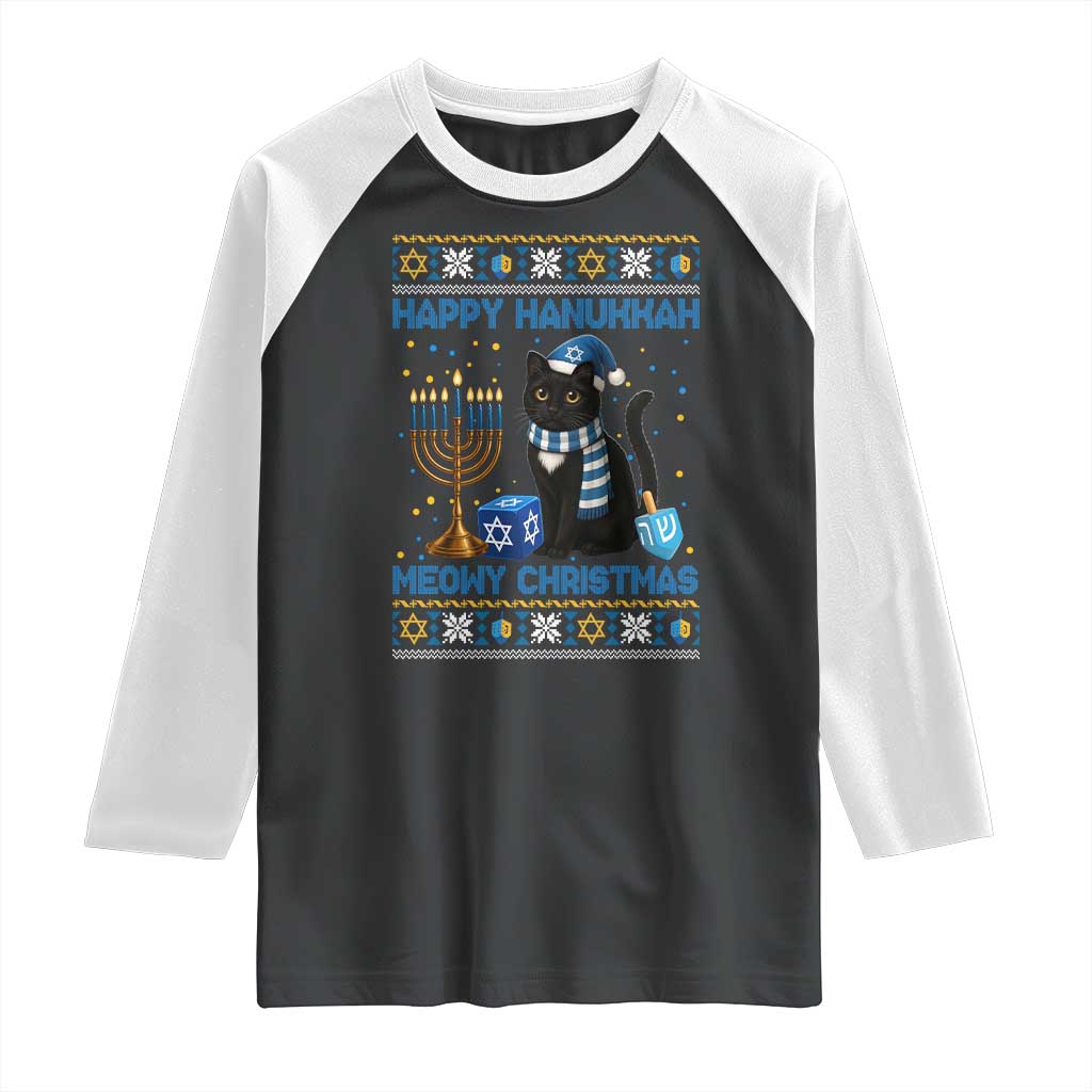 Hanukkah Cat Lover Gifts Raglan Shirt Happy Hanukkah Meowy Christmas TS12 Black White Print Your Wear