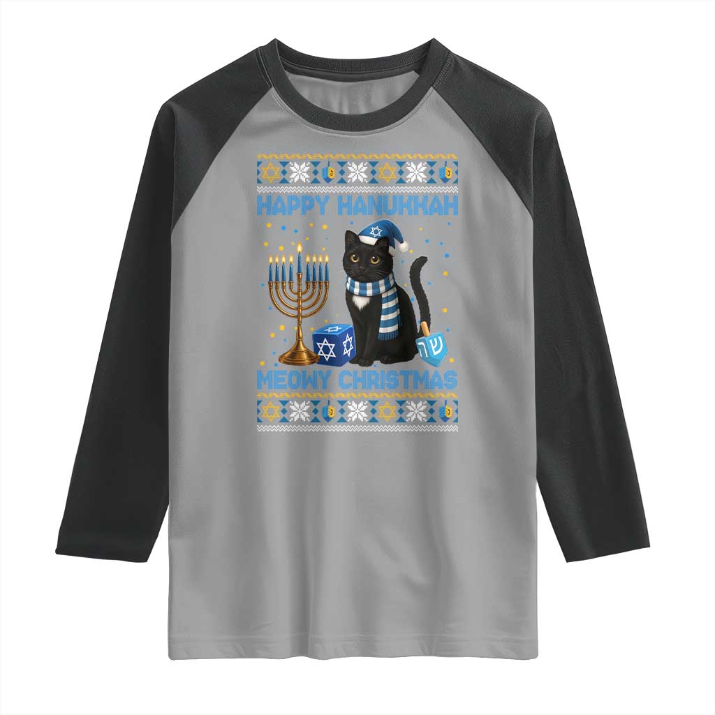 Hanukkah Cat Lover Gifts Raglan Shirt Happy Hanukkah Meowy Christmas TS12 Sport Gray Black Print Your Wear