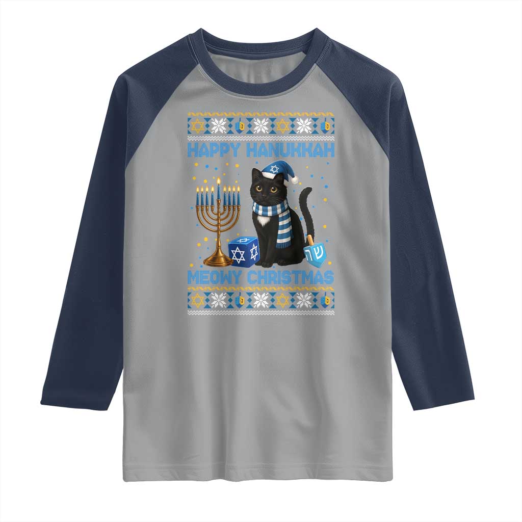 Hanukkah Cat Lover Gifts Raglan Shirt Happy Hanukkah Meowy Christmas TS12 Sport Gray Navy Print Your Wear
