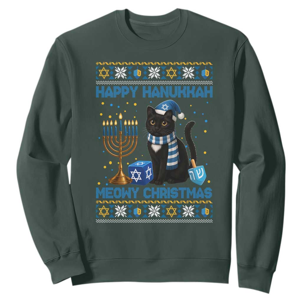Hanukkah Cat Lover Gifts Sweatshirt Happy Hanukkah Meowy Christmas TS12 Dark Forest Green Print Your Wear